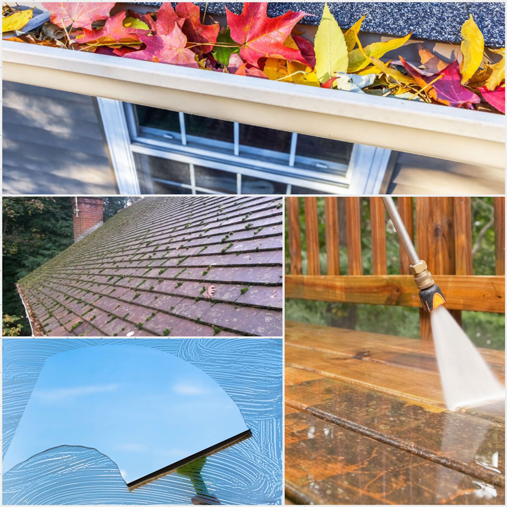 collage of photos from Envision Property Maintenance featuring power washing, window washing, and roof and gutter services